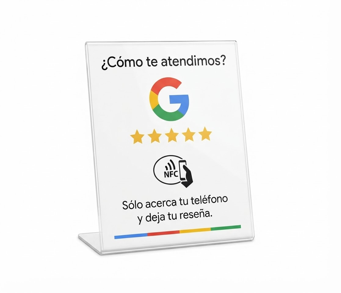 Display acrílico con chip NFC y diseño "¿Cómo te atendimos?" para dejar reseña de Google